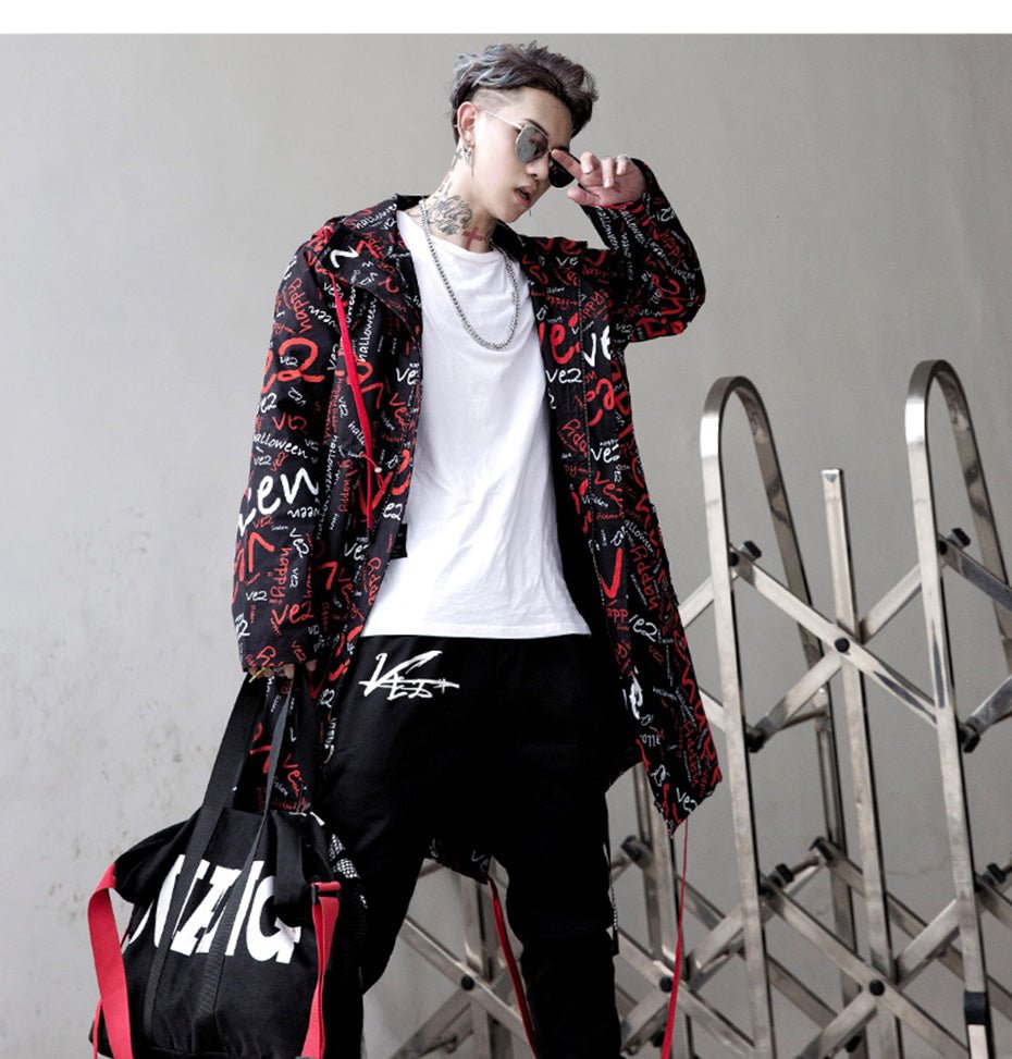 DARK Extra Long Jacket Trench Men Full Letter Print Harajuku Windbreaker Nightclub Overcoat Male Casual Outwear