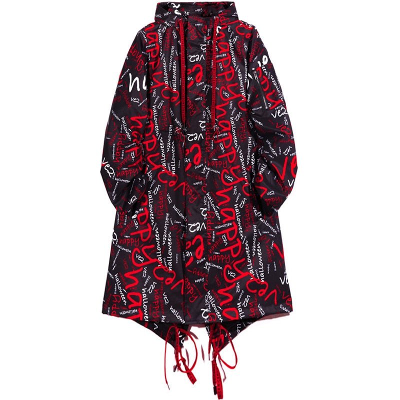 DARK Extra Long Jacket Trench Men Full Letter Print Harajuku Windbreaker Nightclub Overcoat Male Casual Outwear