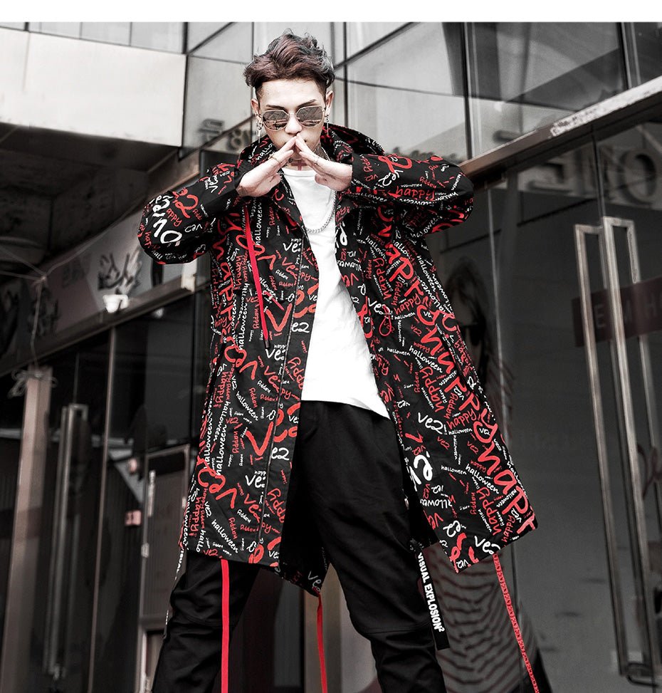DARK Extra Long Jacket Trench Men Full Letter Print Harajuku Windbreaker Nightclub Overcoat Male Casual Outwear