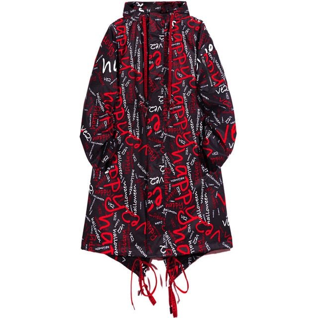 DARK Extra Long Jacket Trench Men Full Letter Print Harajuku Windbreaker Nightclub Overcoat Male Casual Outwear
