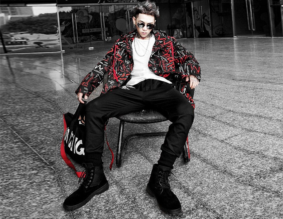 DARK Extra Long Jacket Trench Men Full Letter Print Harajuku Windbreaker Nightclub Overcoat Male Casual Outwear