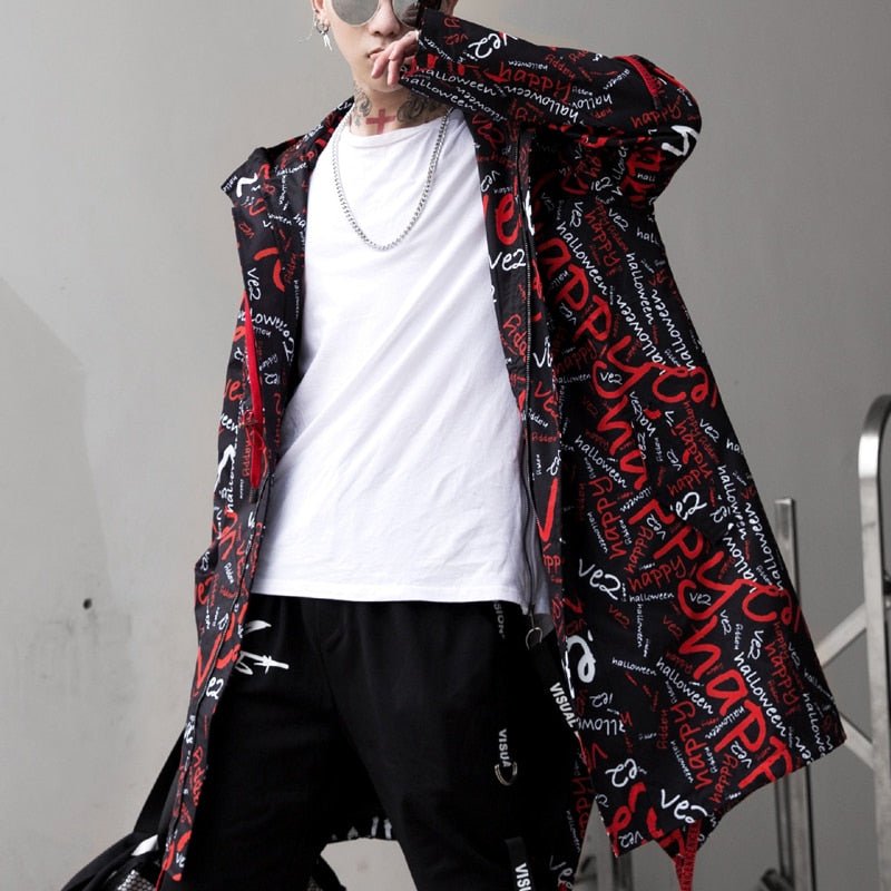 DARK Extra Long Jacket Trench Men Full Letter Print Harajuku Windbreaker Nightclub Overcoat Male Casual Outwear