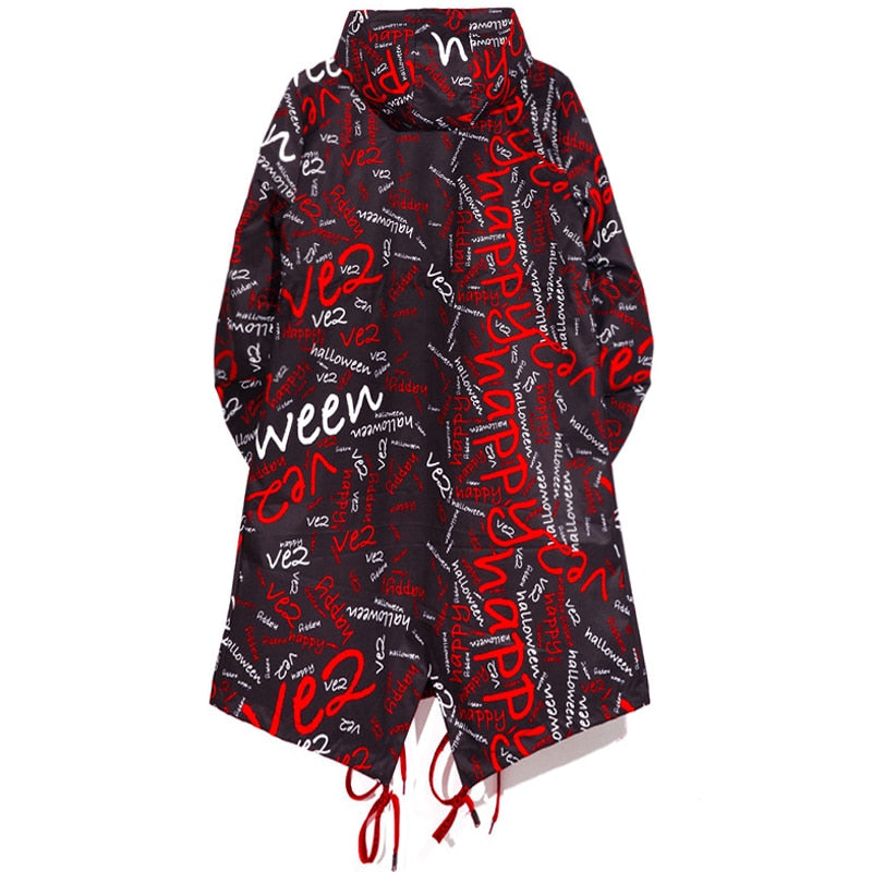 Extra Long Jacket Trench Men Full Letter Print Harajuku Windbreaker Nightclub Overcoat Male Casual Outwear KJ166