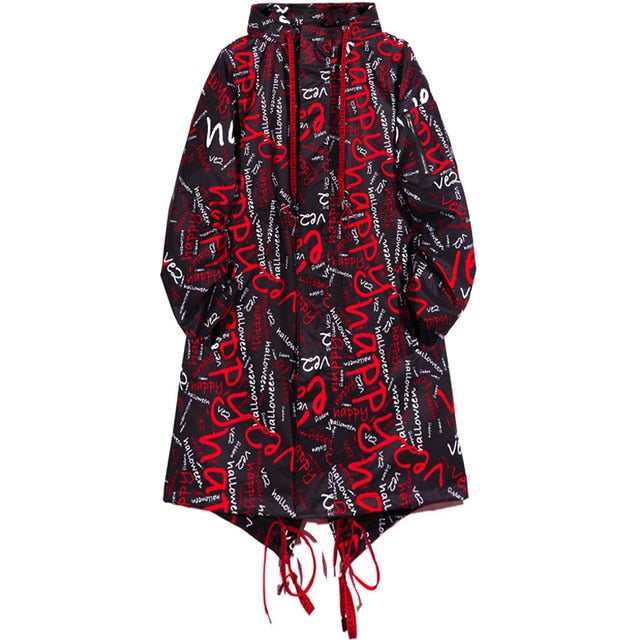 Extra Long Jacket Trench Men Full Letter Print Harajuku Windbreaker Nightclub Overcoat Male Casual Outwear KJ166