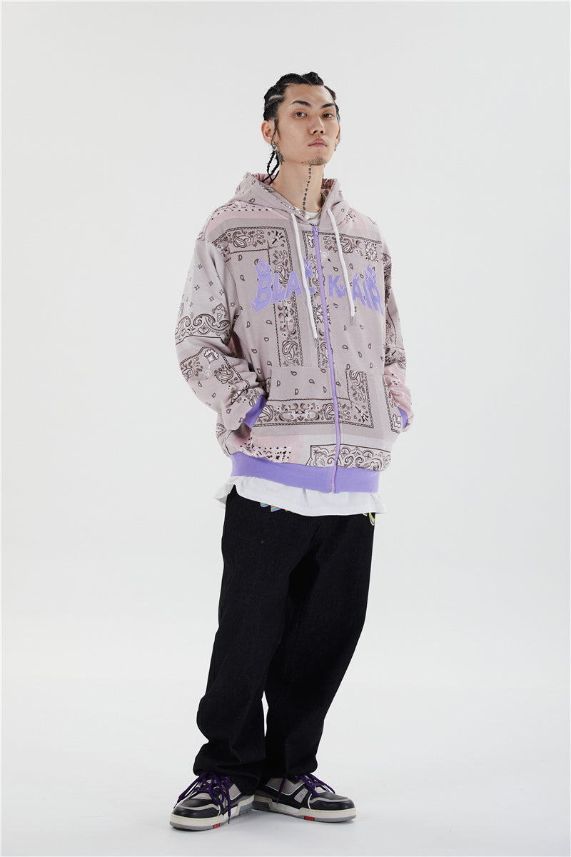 Full Zip Cashew Flowers Pink Hooded Sweatshirts Hoodies Men/women Harajuku Casual Patchwork Hoodie Hip Hop Cotton Tops