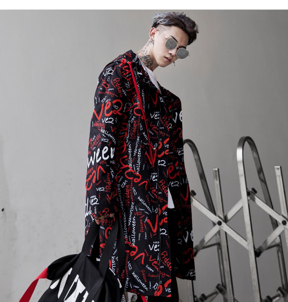 Extra Long Jacket Trench Men Full Letter Print Harajuku Windbreaker Nightclub Overcoat Male Casual Outwear KJ166