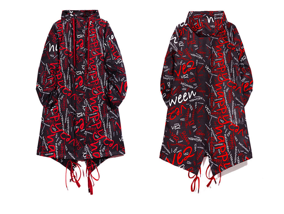 Extra Long Jacket Trench Men Full Letter Print Harajuku Windbreaker Nightclub Overcoat Male Casual Outwear KJ166