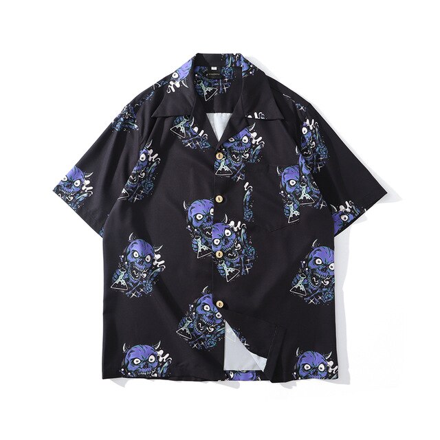 Summer Fashion Harajuku Full Devil Print Hawaiian Shirts Streetwear Hip Hop Casual Beach Short Sleeve Men Black Tops