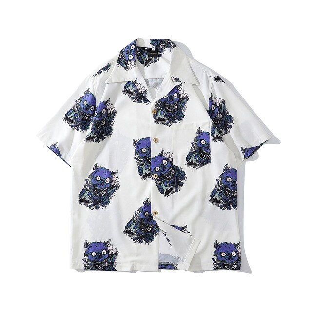 Summer Fashion Harajuku Full Devil Print Hawaiian Shirts Streetwear Hip Hop Casual Beach Short Sleeve Men Black Tops