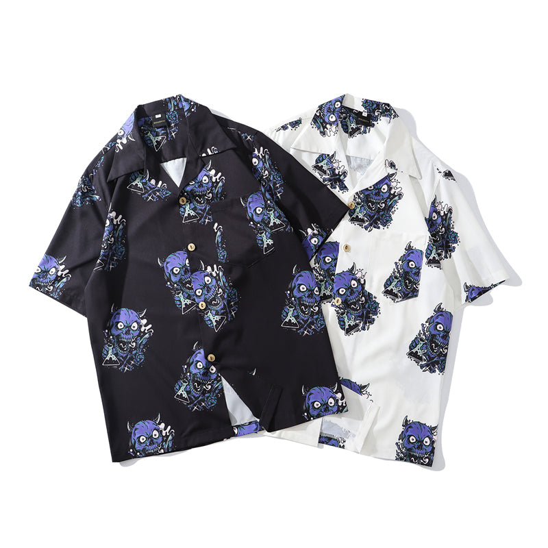 Summer Fashion Harajuku Full Devil Print Hawaiian Shirts Streetwear Hip Hop Casual Beach Short Sleeve Men Black Tops
