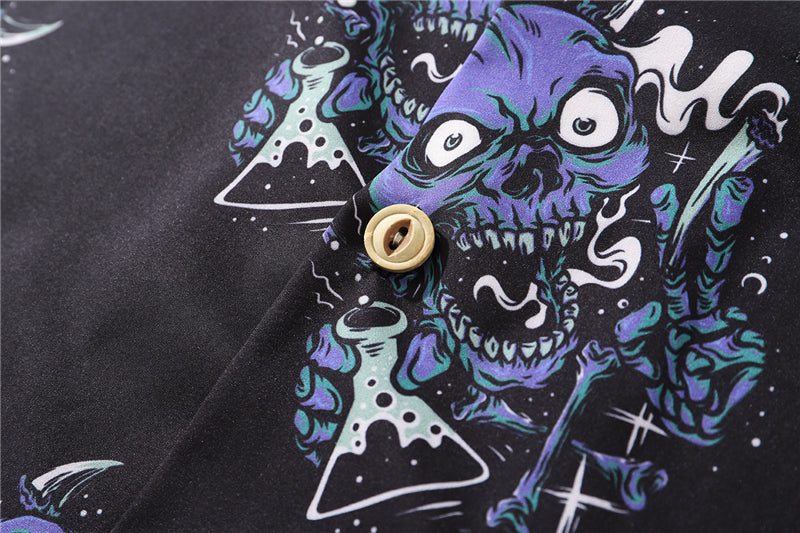 Summer Fashion Harajuku Full Devil Print Hawaiian Shirts Streetwear Hip Hop Casual Beach Short Sleeve Men Black Tops