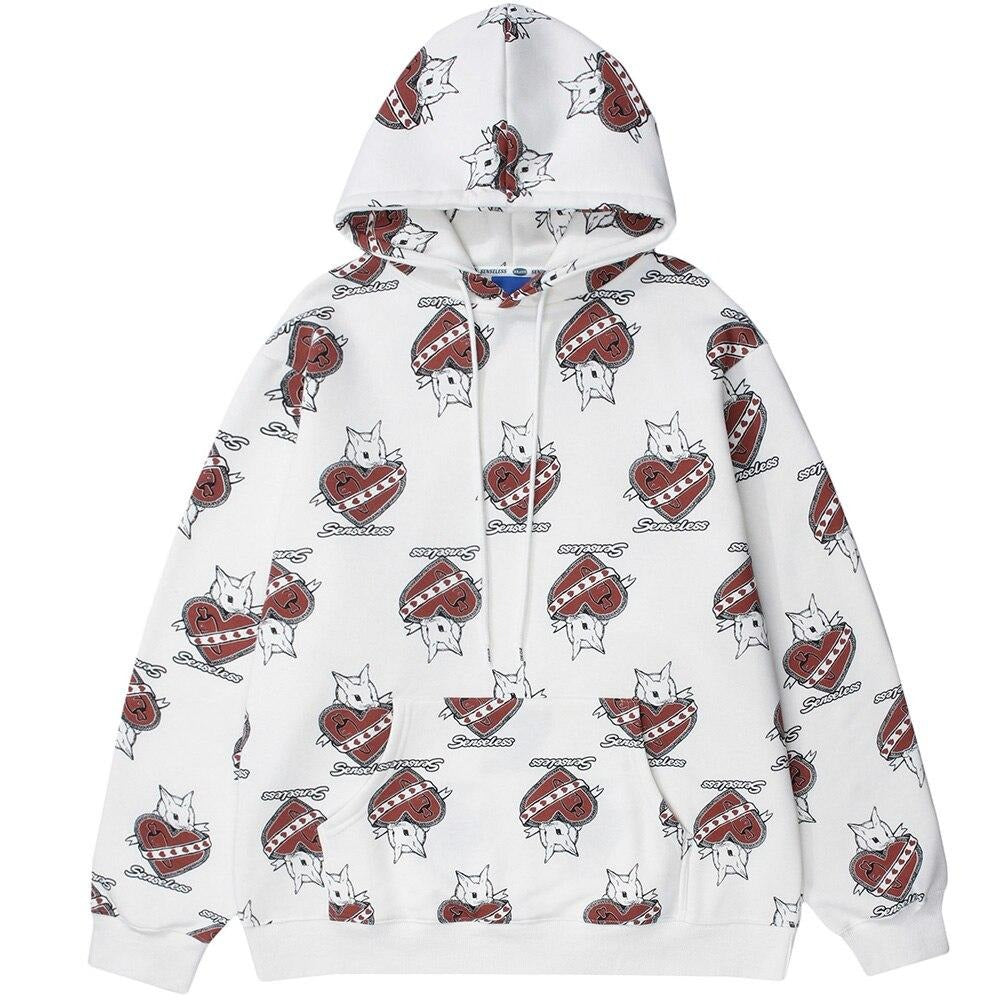 Hoodie Men Cute Cartoon Animal Full Printed Pullover College Style  All-match Casual Coats Baggy Cozy Couple Streetwear